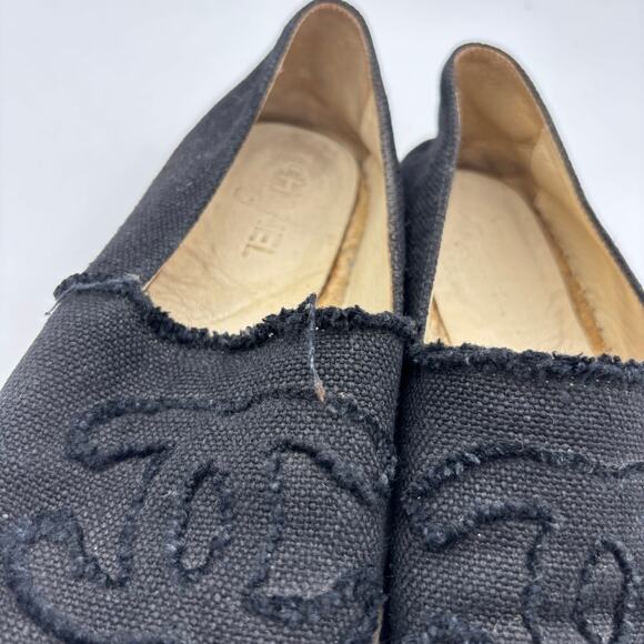 Chanel CC Logo Canvas Black Cap Toe Espadrilles Slip Ons Women's 40 - Picture 13 of 14